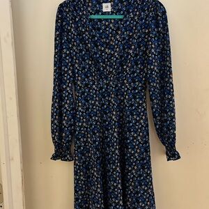 CAbi Black and Blue Floral Long Sleeve Dress